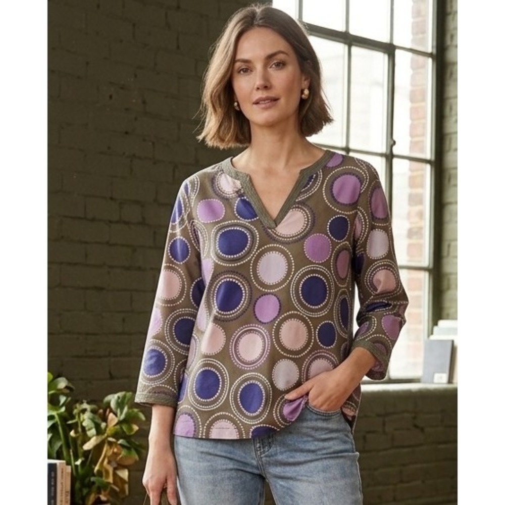 Boden 10 V-Neck 3/4 Sleeve Pullover Tunic Top Olive Purple Geometric Circles
